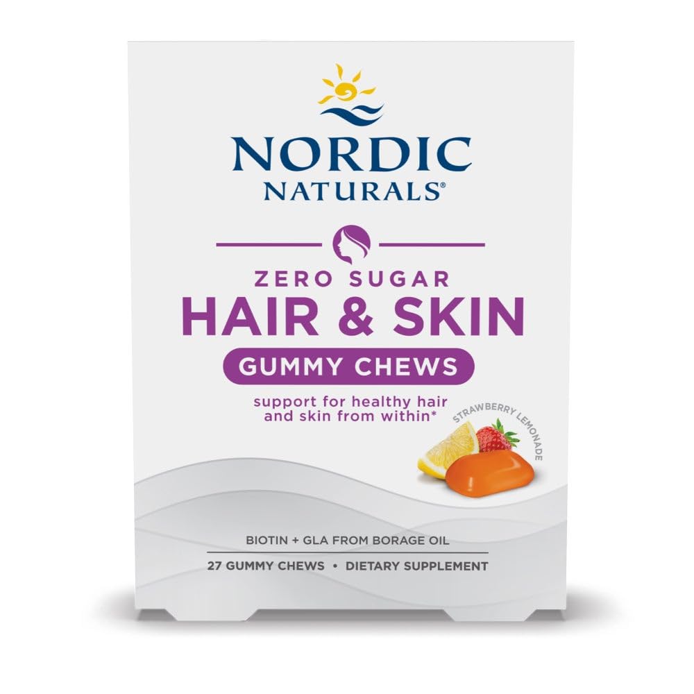 Nordic Naturals Zero Sugar Hair & Skin Gummy Chews, Strawberry Lemonade - 27 Gummy Chews - Biotin + GLA from Borage Oil - Non-GMO - 27 Servisler