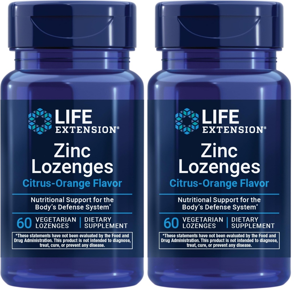 Life Extension Zinc Lozenges – Citrus-Orange Flavor for Healthy Protein Synthesis & Immune Health-Inflammation Management Supplement Gluten-Free, Non-GMO – 60 Vegetarian Lozenges (Pack of 2)