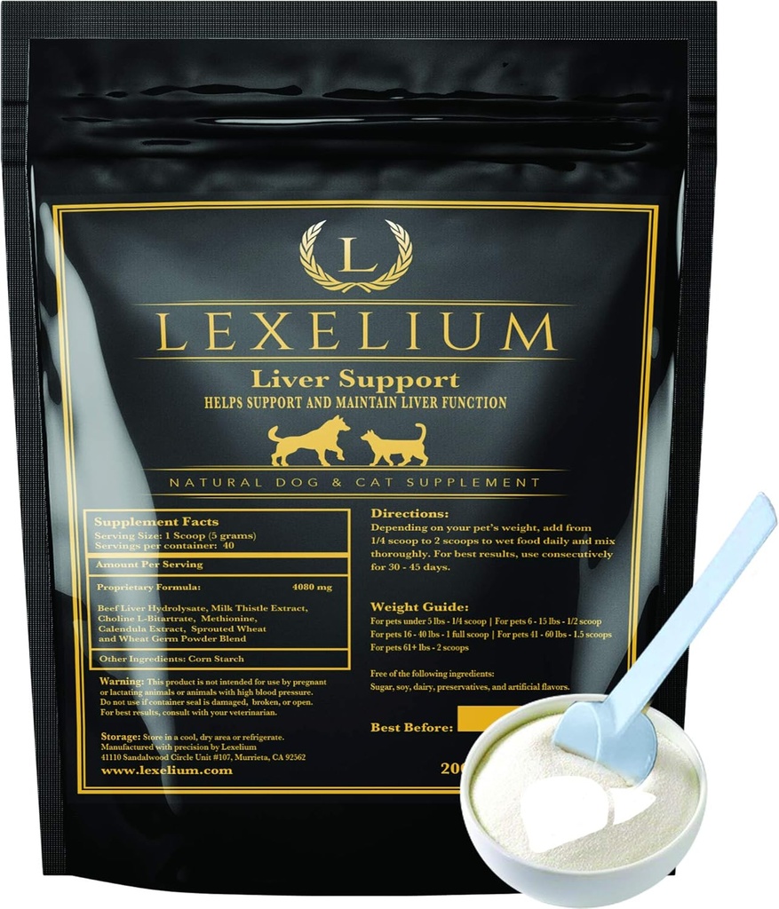 Köpekler ve Kediler için Canlı Destek Supplement - Detoxing ve Yardımlar Kidney, Liver & Skin Function - Cat Liver Support - Milk Thistle + Lysine + Choline Bitartrate + Methionine – 200g