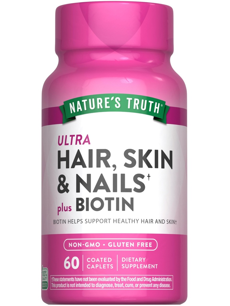 Nature's Truth Hair Skin and Nails | 60 Caplets | Plus 5,000 mcg Biotin | Non-GMO & Gluten Free Supplement