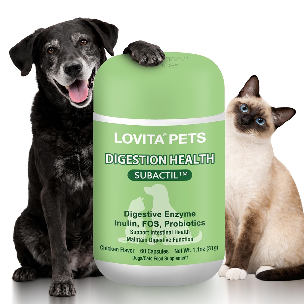 LOVITA Pets Digestive Health Probiotic for Dogs & Cats, SUBACTIL PB6 Spore Probiotic, 6-Strain Blend with Prebiotics (Inulin & FOS) and Digestive Enzymes, Chicken Flavor, 60 Capsules