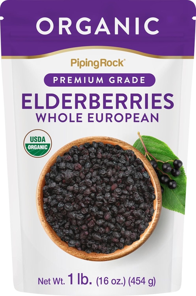 Piping Rock Elderberries pet Organic | 1lb Bulk Supplement | Avrupa Wholeges | Vegetarian, Non-GMO, Gluten Free