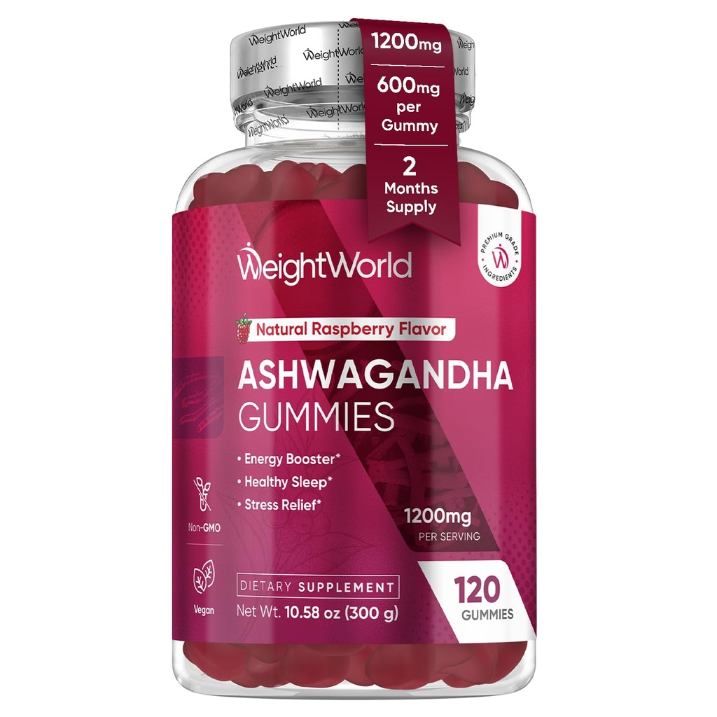 KiloWorld Ashwagandha Gummies for Women and Men 1200 mg - 120 Gummies (2-Month Supply) - Ashwagandha Supplement Gummies for Energy Branson, Sağlıklı Uyku ve Stres Yardımı - Vegan & Gluten-Free