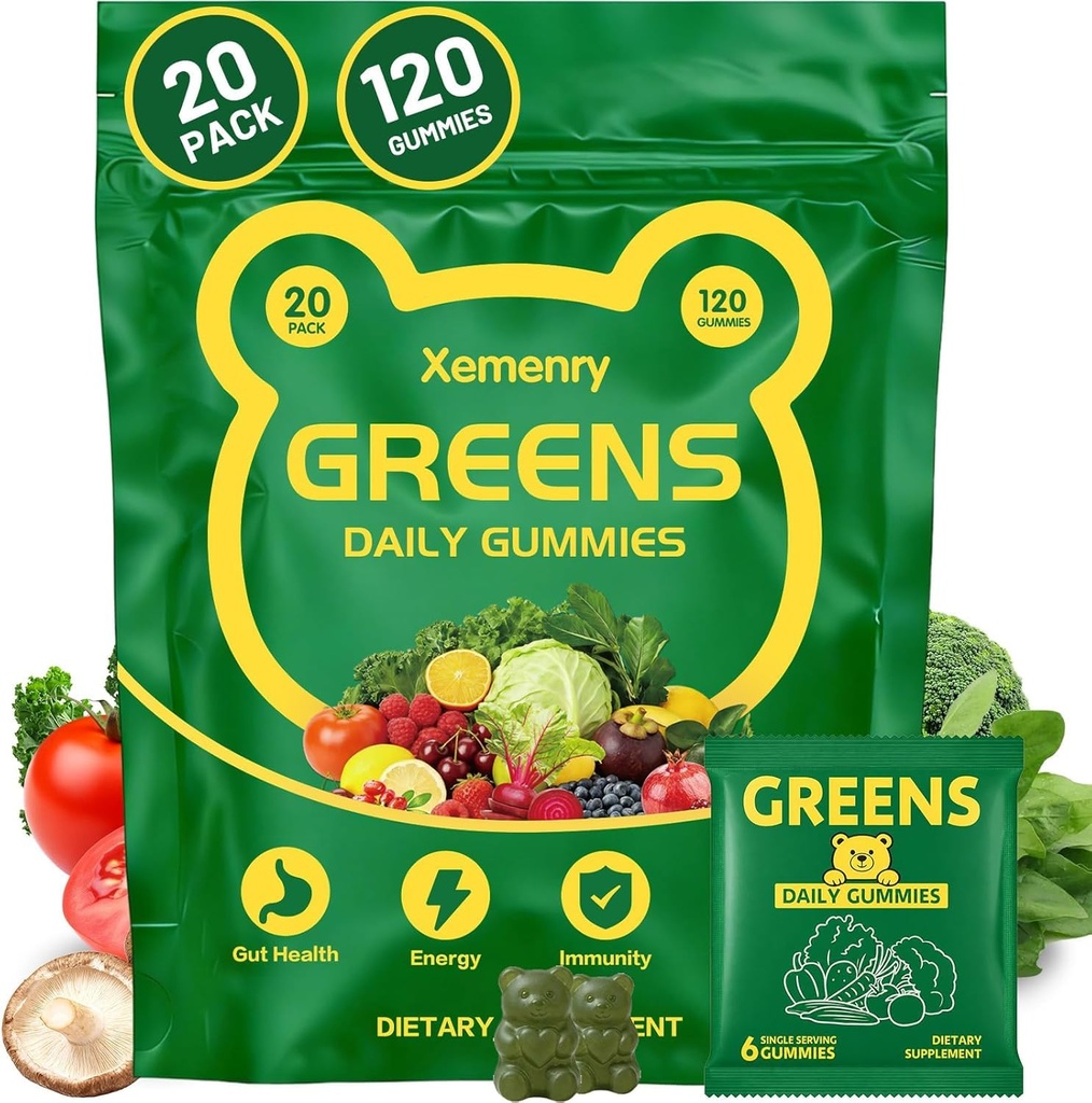 Super Greens Multivitamin Gummies for Adults – with Spirulina, Chlorella, Prebiotic Fiber, Probiotics Adaptogens Supports Digestive Gut Health Daily Energy – Non-GMO, 120 Gummies