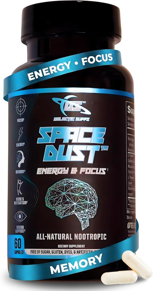 8-in-1 Premium Nootropic Brain Supplement – Focus, Energy & Mood Support – Brain Fog Relief & Reaction Time – with TeaCrine, L-Theanine, L-Tyrosine, Mucuna & More Natural Ingredients – Space Dust