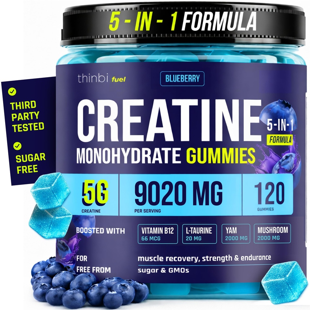 Thinbi Creatine Gummies for Men & Women – 9020mg 5-in-1 Complex, 5G Creatine Monohydrate Per Serving – Sugar Free Blueberry with B12 & L-Taurine – Muscle Strength, Recovery & Endurance – 120 Count