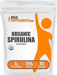BulkSupplements.com Organic Spirulina Powder - Superfood, Green Spirulina Powder, Herbal Supplement - Vegan-Friendly, 3g per Serving, 250g (8.8 oz) (Pack of 1)