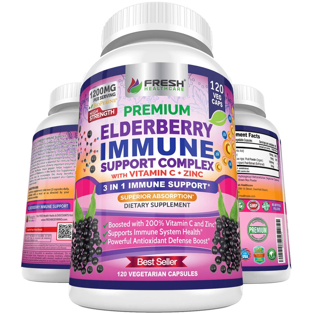FRESH SACARE Elderberry Capsules - Yüksek Potency Black Elderberry with çinko & Vitamin C - Premium 3-in-1 Immune Support Vitamins for Yetişkinler