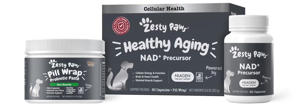 Köpekler için Zesty Paws NAD+ Precursor Supplement - Sağlıklı Aging & Skeletal Kas Destek & Kurtarma - Beyin, Kalp ve Hücre Enerji Desteği - Nicotinamid Riboside Chlor - 60 Capsules