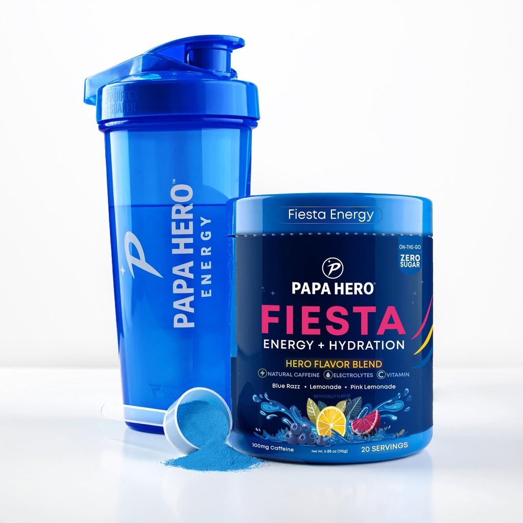 PAPA HERO® Fiesta Energy Drink Powder - 11 Vitamins & Minerals - Natural Caffeine + Nootropics + Electrolytes - Sugar Free Hydration - Immune Support - Blue Raspberry Lemonade - 20 Servings