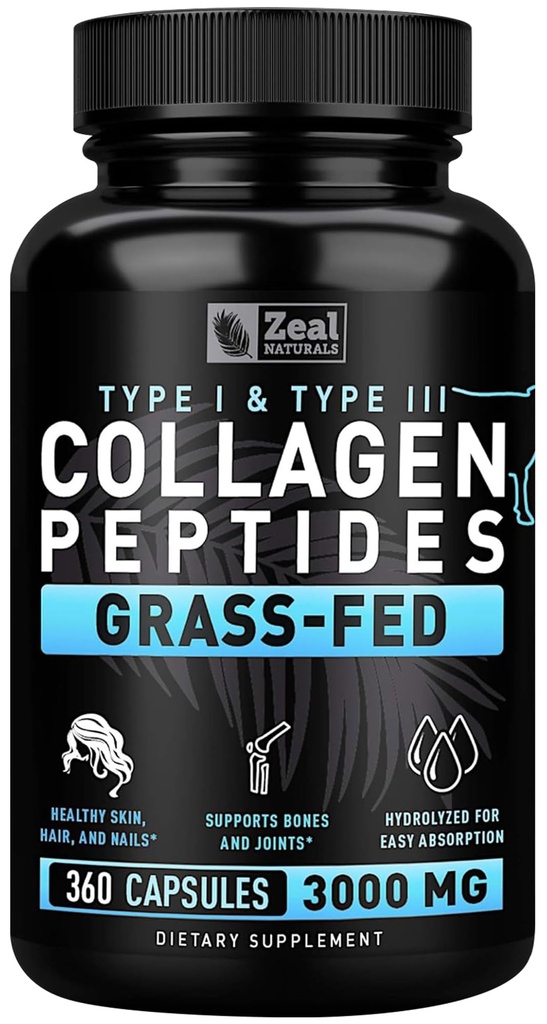 Zeal Naturals Collagen Capsule Collagen Pills (360 Capsules) Grass Fed Collagen Pepetide Toz - Hydrolyzed Collagen Toz OrtakTendon TamamHair Skin ve Nails -