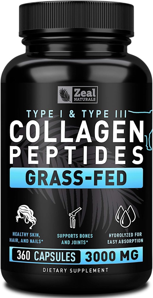 Zeal Naturals Collagen Capsule Collagen Pills (360 Capsules) Grass Fed Collagen Pepetide Toz - Hydrolyzed Collagen Toz OrtakTendon TamamHair Skin ve Nails -