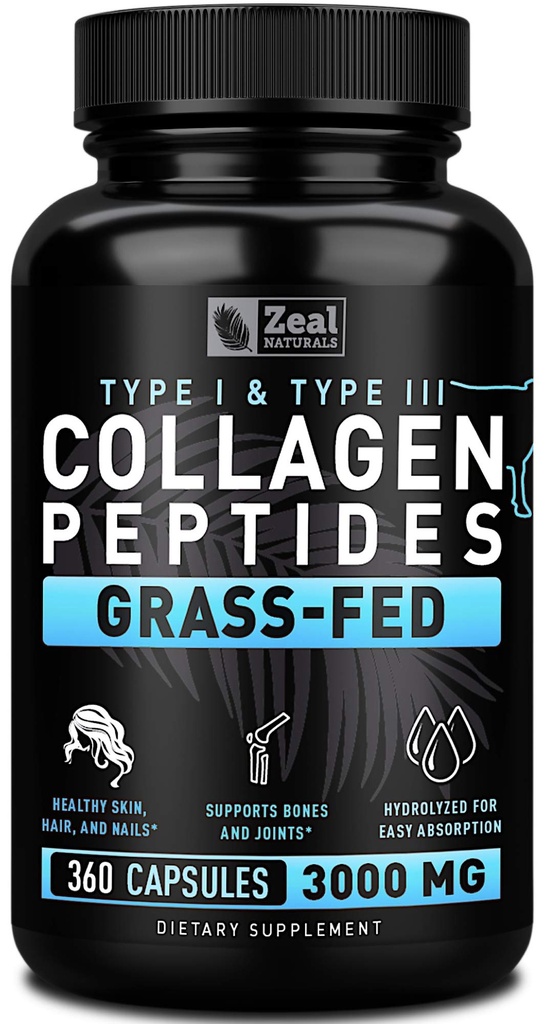 Zeal Naturals Collagen Peptides Collagen Pills (360 κάψουλες) Grass Fed Collagen Pepetide Pepetide Powder - Hydrolyzed Collagen Powder for JointTendon SupplementHair Skin and Nails -