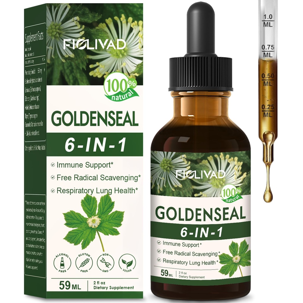 Goldenseal Root Extract Liquid Drop, 6-in-1 Formula for Immune and Respiratory Lung Health Support, Goldenseal Supplement with Echinacea Golden Seal, Mullein Thyme. Fast Absorption. 2oz