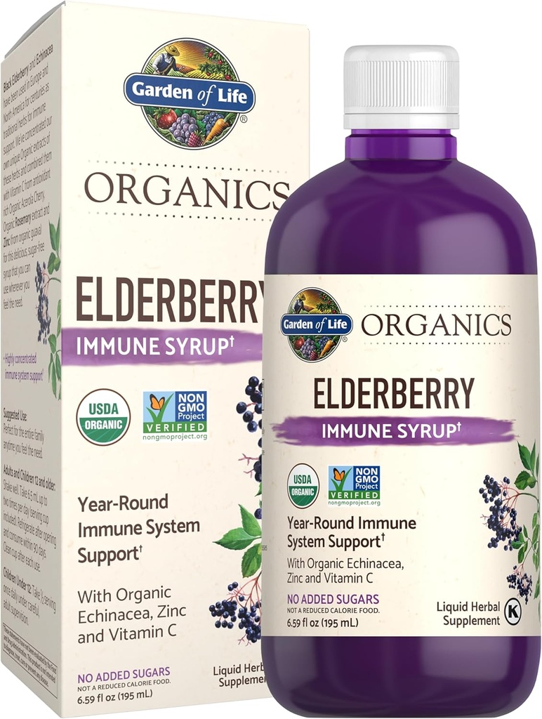 Life Organics Plant Based Elder Immune Syrup 6.59 floz (195 mL) Çocuklar ve Yetişkinler için - Sambucus, Echinacea, çinko & Vitamin C, 0g Sugar, Organic Vegan Gluten Free Herbal Supplement
