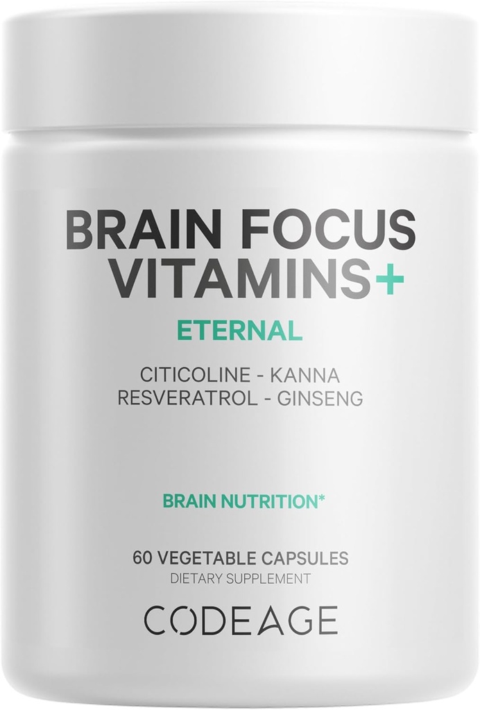 Kodage Brain Focus Vitamins+ Nootropic Supplement with Citicoline as Cog Tekirova, Panax Ginseng, Resveratrol, Gotu Kola, B12 Mecobalamin - Liposomal Delivery - Non-GMO - 60 Capsules
