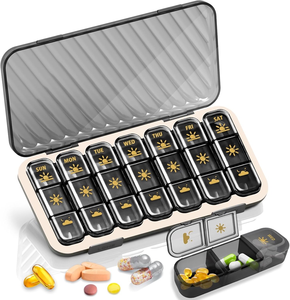 Haftalık Pill Organizer 3 Times a Day, GloDeals Büyük Seyahat Pill Box 7 Günü, Am Pm Three Daily Pill Case with Re estate Medicine Konteyner, Pill Holder for Vitamin, Supplement, Fish Oil, Black