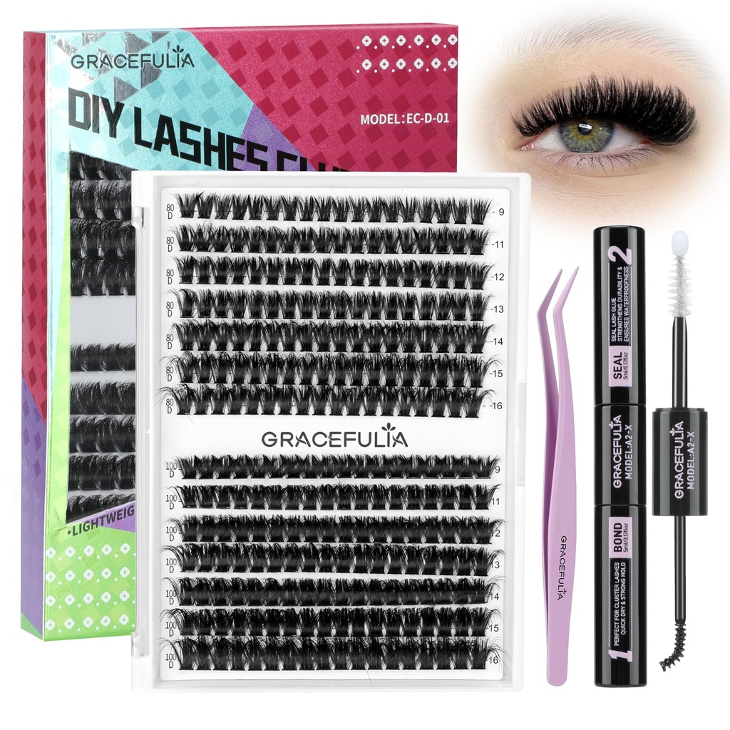 Fluffy Lash Clusters 80D+100D, DIY Eyelash Extension Kit with Glue and Tweezer, 9-16mm D Curl Wispy Flat Lash Clusters, 280pcs Individual Lashes