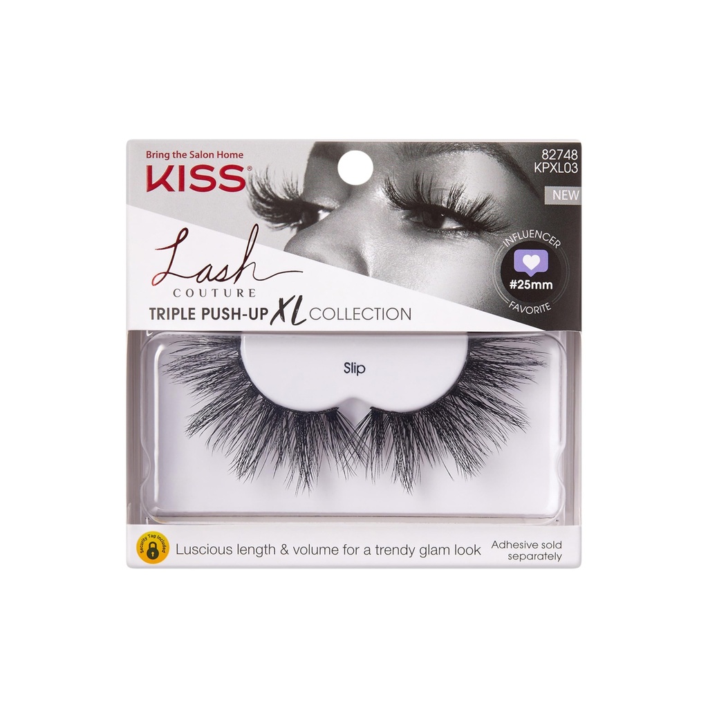 Kiss Lash Couture Triple Push Up XL Collection False Eyelashes, 3D Volume in Extra Long Length with Triple Design Technology, Cruelty-Free and Reusable, Style 'Slip', 1 Pair Fake Eyelashes