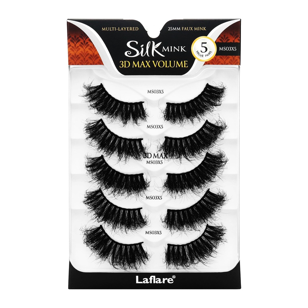 Laflare 25MM Silk Mink Max Volume 3D False Eyelashes, Reusable Fluffy Natural Looking False Lashes, Wispy Lashes 5 Pairs Value Pack (MS03X5P)