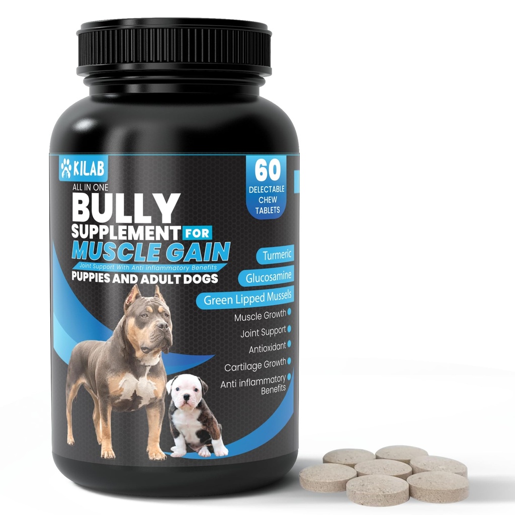 Kilab Dog Kilo Winer – 60-Count Muscle Builder Dog Supplement – Köpekler için Kas Büyüme Tamamı, Puppies ve Yetişkinler – Bully Büyüme Formula Turmeric, Glucosamine, Green Lipped Mussels