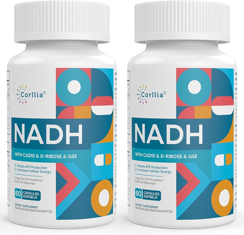 NADH 50 mg + CoQ10 200 mg + D-Ribose 150mg Supplement, Geliştirilmiş NAD+ Enerji için Tamam, Fatigue, Azaltıd Nicotinamid Adenine Dinüotide, 120 Veggie Capsules