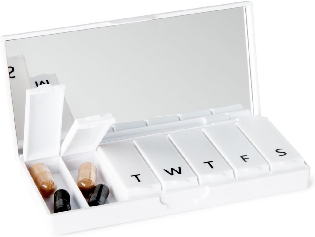 PORT X POLISH Tasarımcı Pi Weekly Pill Box Organizer (Single 1X Daily, Crisp White) | Compact, Şık 7Day Vitamin Tamam Case | Cute Portable Mini Travel Medicine Carrier | Madonna-Free Pillbox Caddy