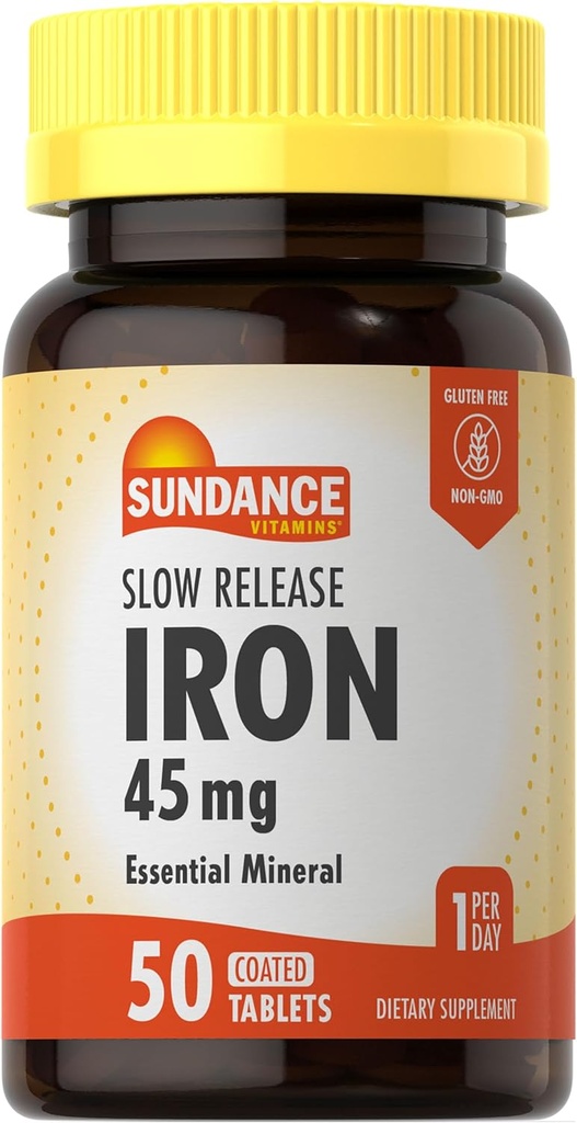 Sundance Iron 45mg Yavaş Yayın Pills | 50 Tablet | Essential Mineral Supplement | Vegetarian, Non-GMO ve Gluten Free Formula