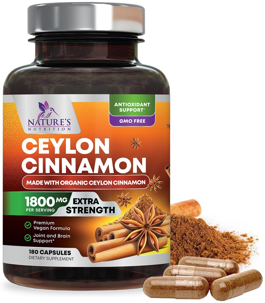 Organic Ceylon Cinnamon Capsules - Extra Strength Certified Organic Ceylon Cinnamon 1800mg Per Serving Supplement Pill - Energy & Heart Support Antioxidant for Women & Men, Bottled USA - 180 Capsules