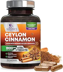 Organik Ceylon Cinnamon Supplement 1800mg - sertifikalı Organik Ceylon Cinnamon Toz Pills - ABD'de Enerji ve Kalp Desteği, Antioksi, Gluten Free, Non-GMO - 180 Capsules