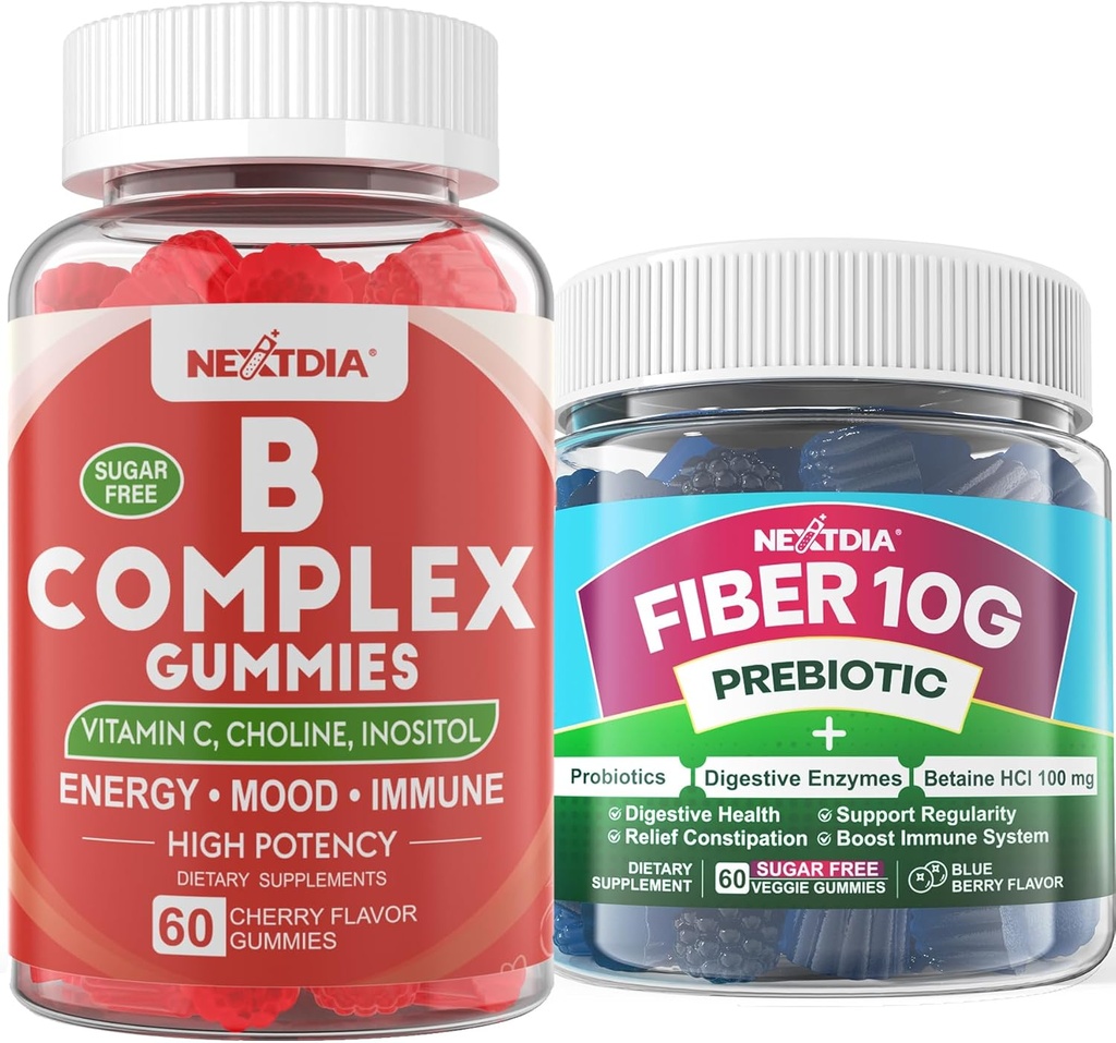 2 Pack Mekotik Vitamin B Kompleks + 1 Pack Sugar Free 10g Prebiyotik Fiber Supplement, yetişkinler için Gummies