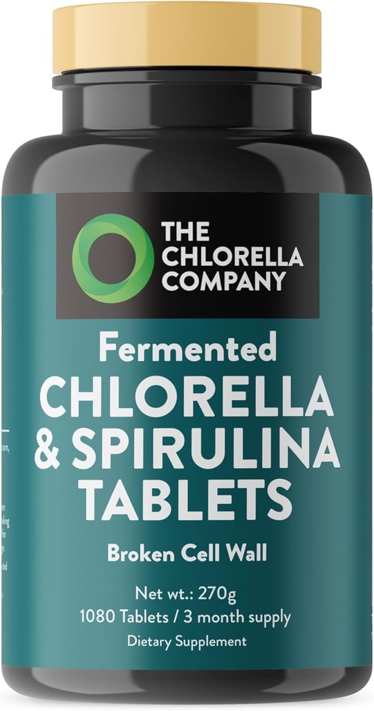 Fermented Chlorella & Spirulina Tabletleri, Chlorophyll, Green Superfood, Algae Supplement, Heavy Metal Detox, Immune Support, Broken Cell Wall, 1350 Tabletler, Non-GMO, Vegan