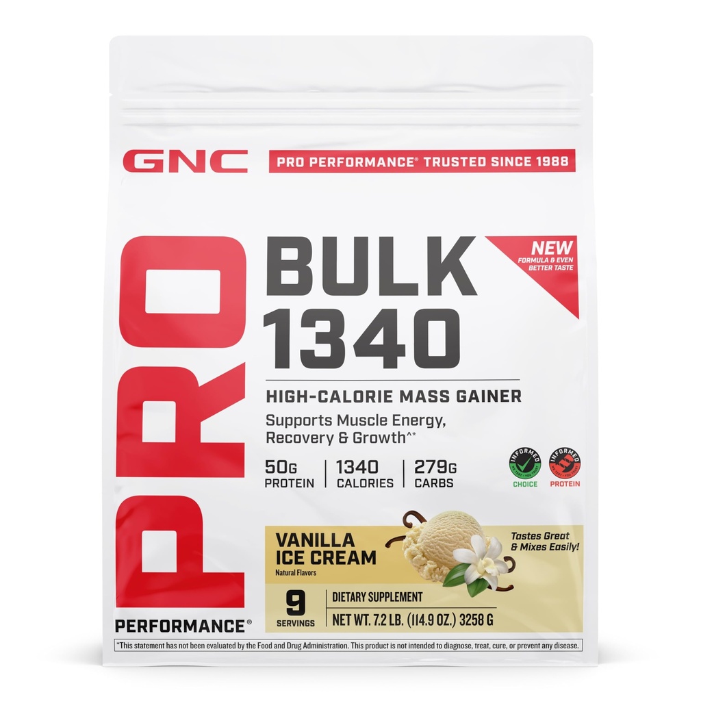 GNC Pro Performance Bulk 1340 - Protein Powder for Active Lifestyles - Sports Nutrition for Muscle Fuel - Nutrient-Dense Blend with Creatine & Glutamine - Vanilla Ice Cream - 116.19 oz (9 Servings)