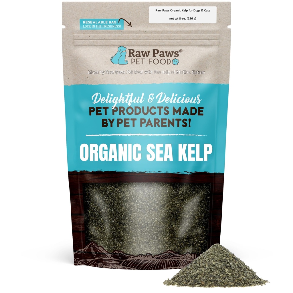 Raw Paws Organic Kelp Powder for Dogs & Cats (8-Ounce) - Supports Thyroid, Digestive & Immune Health - Dried Sea Kelp for Dogs - Seaweed Powder Supplement | Dried Sea Kelp for Dogs - Dental Plaque & Tartar Support - Digestive Health - Immune Support - Skin & Coat - Easy Meal Topper