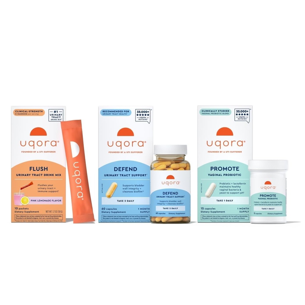 Uqora Complete Regimen with Flush, Defense & Promote - Ουροφαγική Φυλλαδική Υποστήριξη με D-Mannose, Βιταμίνη C, Πράσινο εκχύλισμα τσαγιού, Προβιοτικά & Περισσότερα - Πλήρης υποστήριξη για την υγεία της ουροδόχου κύστης* - 3-Part Bundle