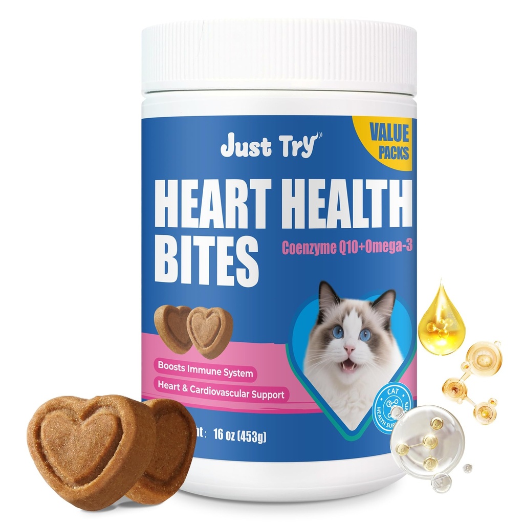 Just Try Coenzyme Q10 Heart Heathy Bites for Cats Value Packs - Advanced Coq10 & Taurine Supplement for Feline Heart Health - Chicken Flavored Chews - Supports Heart Function -16 OZ
