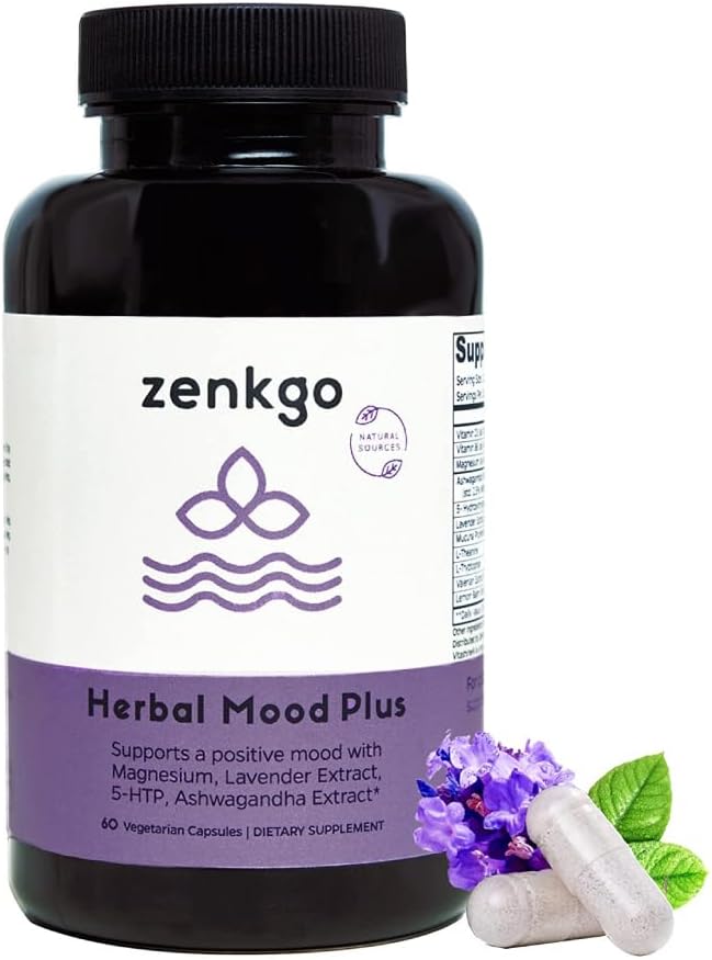 Zenkgo Ashwagandha, 5-HTP, Lavender, Mucuna, L-θρυπτοφάνης - συμπλήρωμα υποστήριξης Mood, φυτικής βάσης, Herbal Mood Plus βοηθά με ήρεμο μυαλό & στρες ανακούφιση, Συναίσθημα, Δυνατότητα (60Ct/30Day)