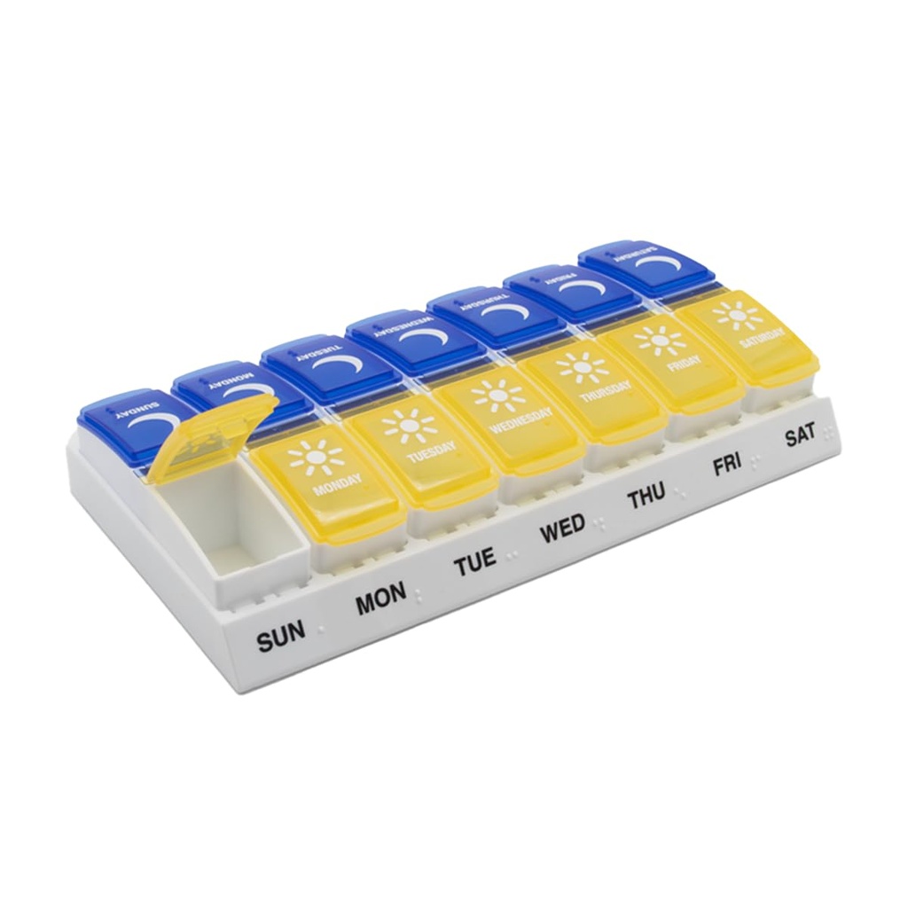EZY DOSE Weekly (7-Day) AM/PM Pill Organizer, Daily Vitamin Container and Medicine Box, Large Pop-Out Compartments, Designed for Travel, 2 Times a Day, Blue and Yellow Lids