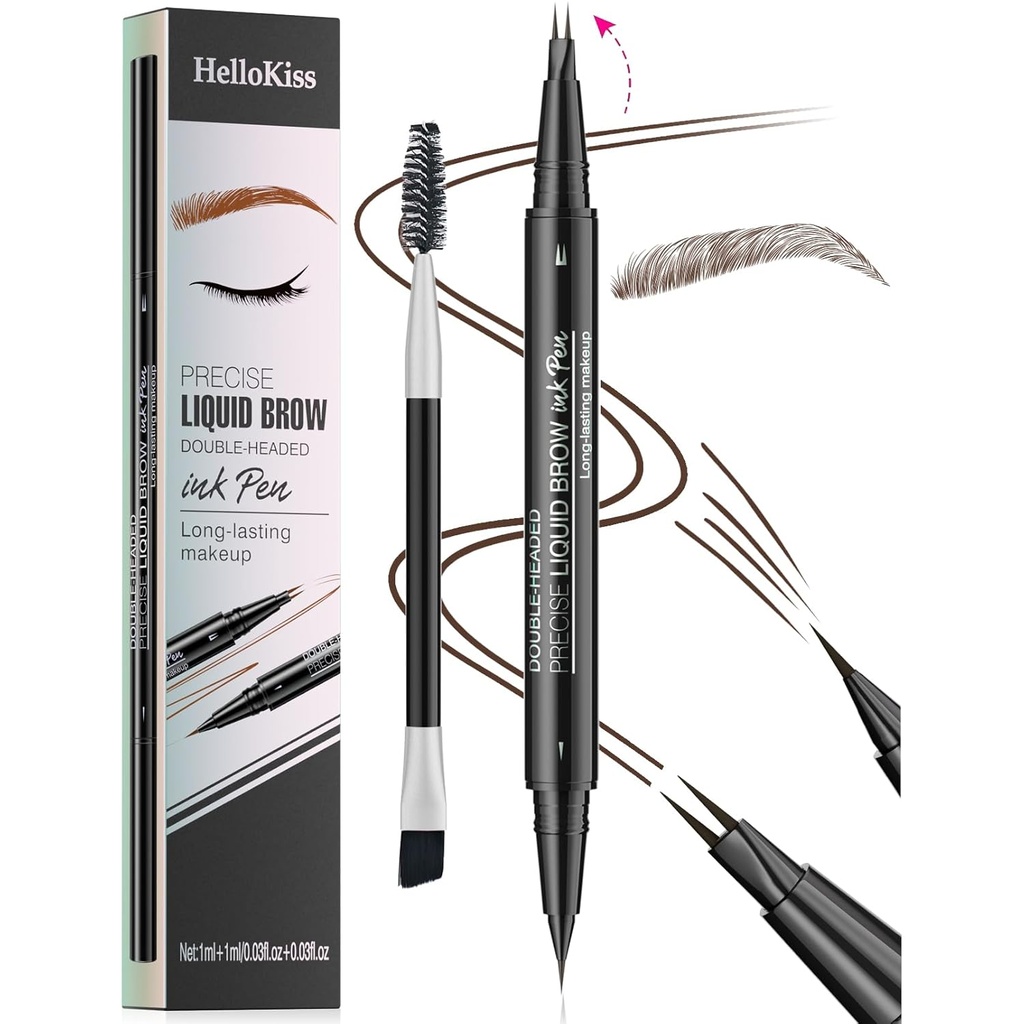 9708 2Tip Double-Ended Eyebrow Pen, 2-in-1, Eyebrow Rotor ile. ve Ter Kanıt,Procise Liquid Brow, 5 Shades, Long-Lasting (3#Dark Brown)
