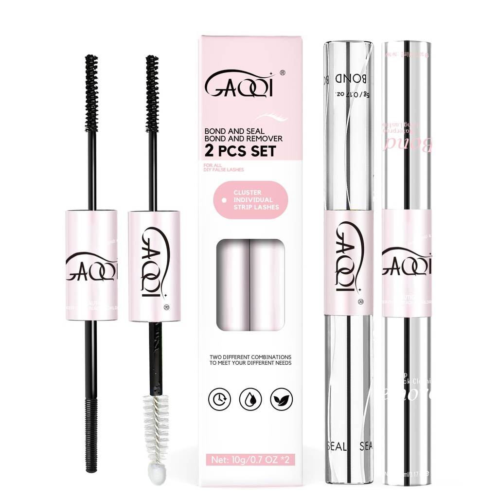 GAQQI Lash Bond and Seal + Bond and Remover Set, Waterproof Lash Cluster Glue, Strong Hold Eyelash Glue Set 2Pcs 10ml+10ml