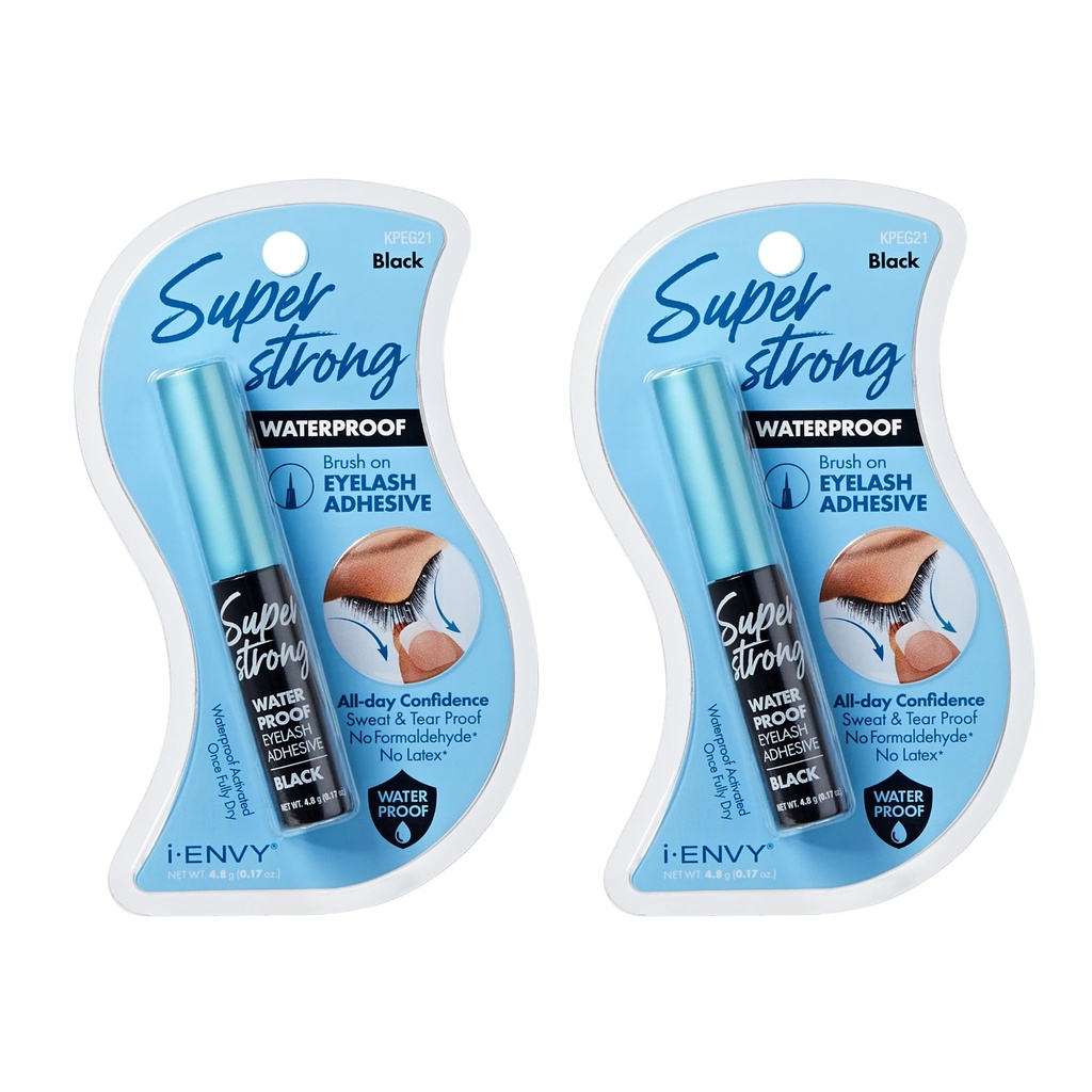 i-Envy Super Strong Waterproof Clear Eyelash Adhesive, Long Lasting Sweat & Tear Proof Lash Glue for Eyelash Extensions, All Day Hold Durable Brush-On (Waterproof Black, 2 Pack (2 Count))