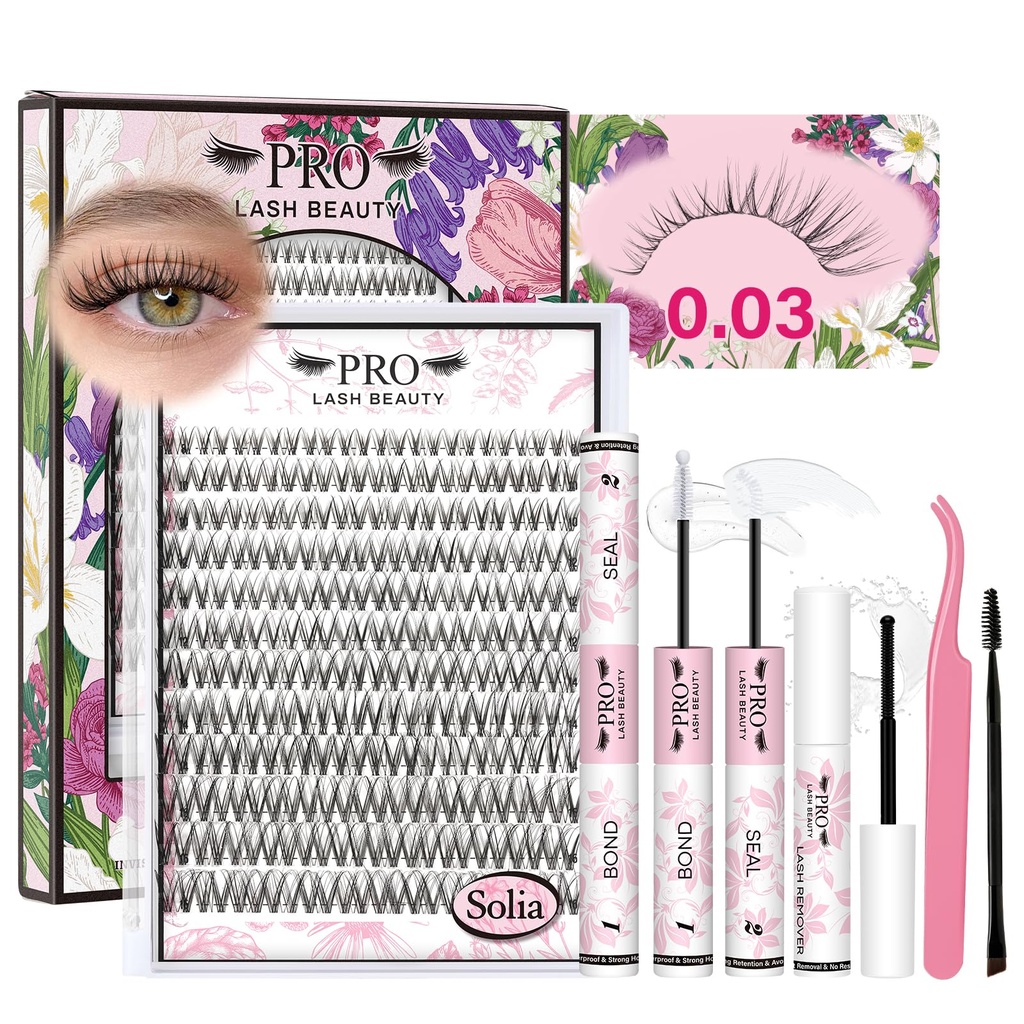 PROLASHBEAUTY Natural Lash Clusters Kit Wispy Lash Clusters Invisible Band with Clear Lash Bond and Seal Lash Tweezer Lash Remover Eyelash Clusters Kit Waterproof Easy to Apply (Solia,8-16mix)