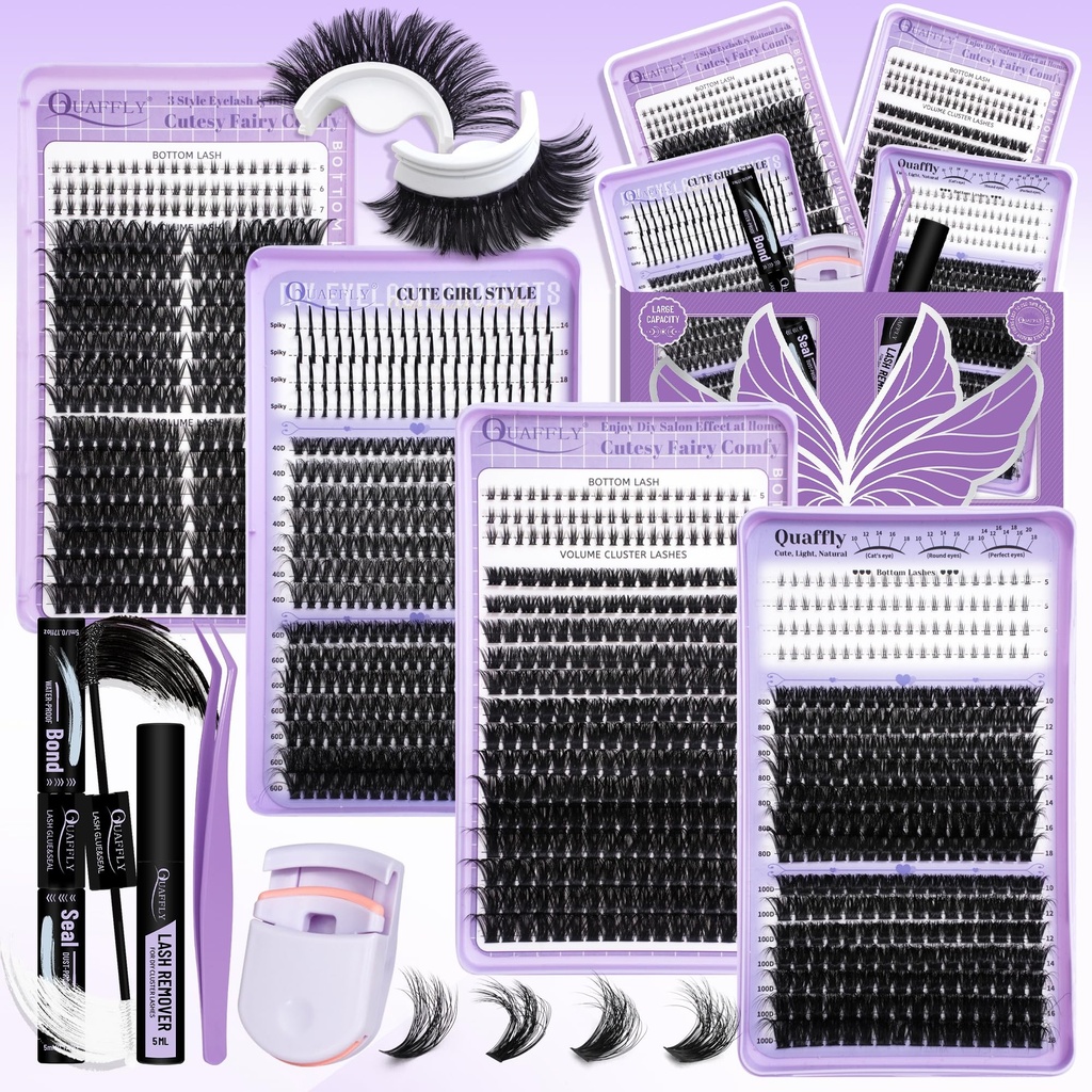 1274Pcs Lash Extension Kit 40D+60D+80D+100D+Bottom Lashes+Spike lashes Individual Lash Clusters With Lash Bond&Seal Remover Tweezer Lash Curler for Natural DIY Cluster Eyelash Extensions Kit