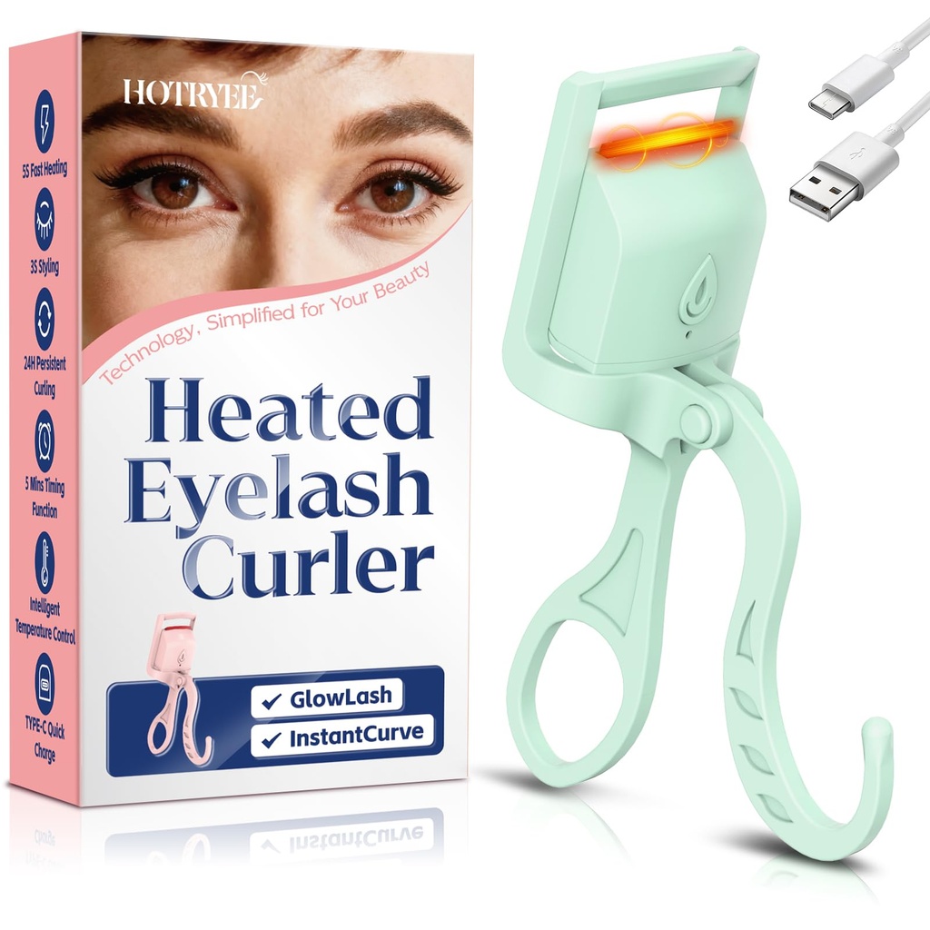 Heated Eyelash Curler, 5s Fast Heating Electric Eyelash Curler, Safe Anti-Burn Eyelash Curlers with Silicone Pad, Type-C Quick Charge, Intelligent Temp Control, 24H Long-Lasting Curls (Green)