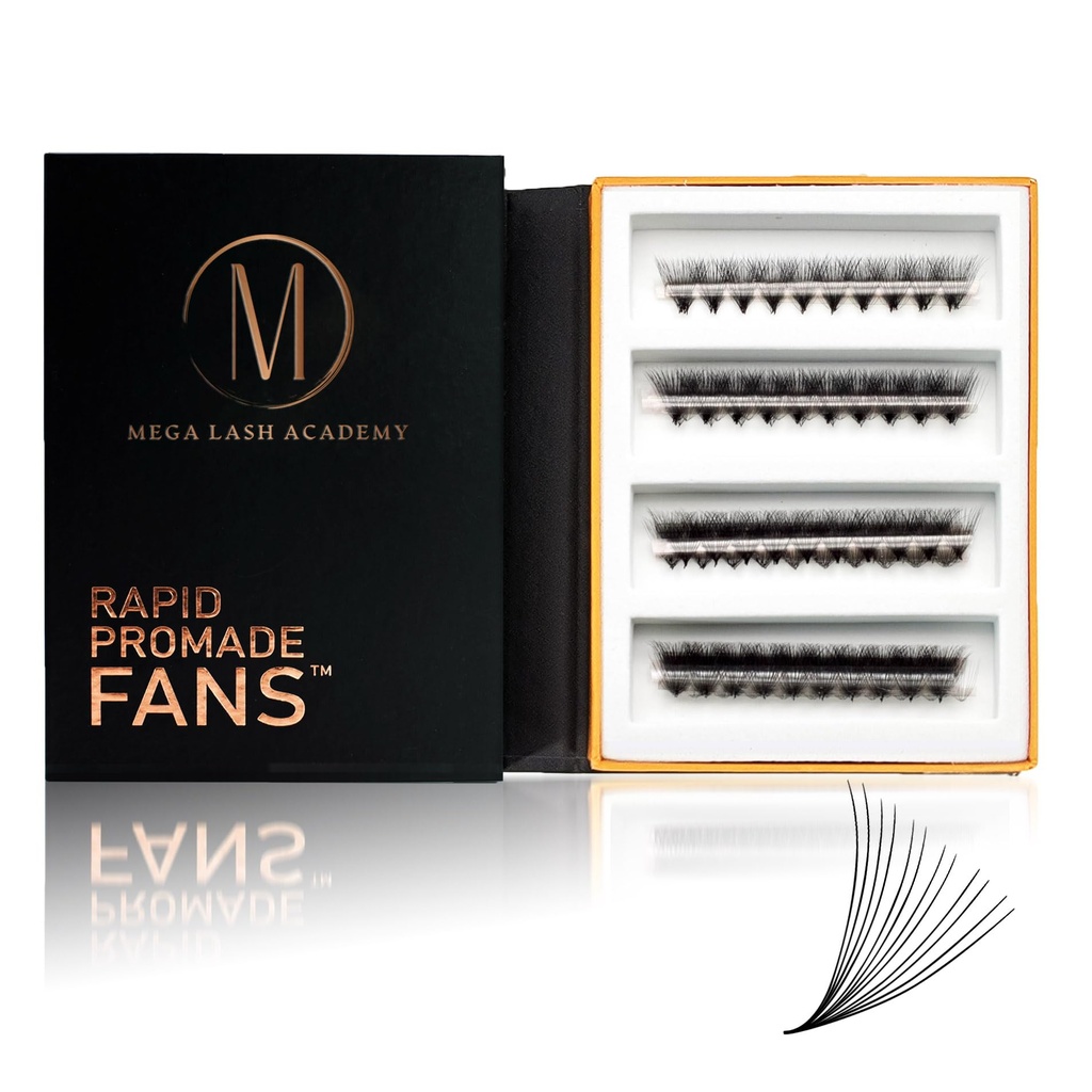 Rapid Promade Fans by Mega Lash Academy - Premade Volume Fans Korean PBT - Dark and Thin Base - 500 Fans (12D - CC, 11-12-13-14 mm)
