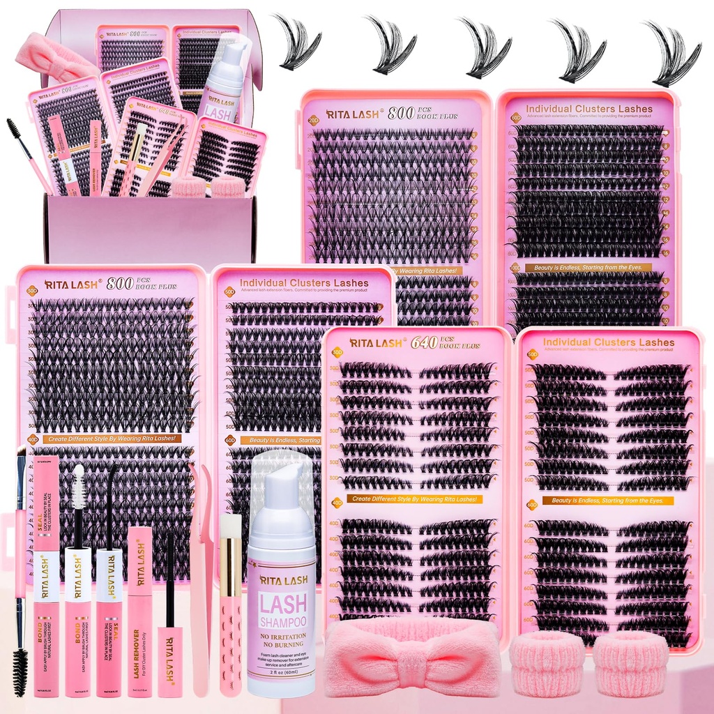 Lash Clusters Kit Eyelash Clusters Kit Cat Eye Lashes Large Pack Cluster Eyelash Extensions Lash Extension Kit Pestañas Postizas Naturales with Lash Bond&Seal,Remover,Tweezers,Cleanser(Lash Kit-5)