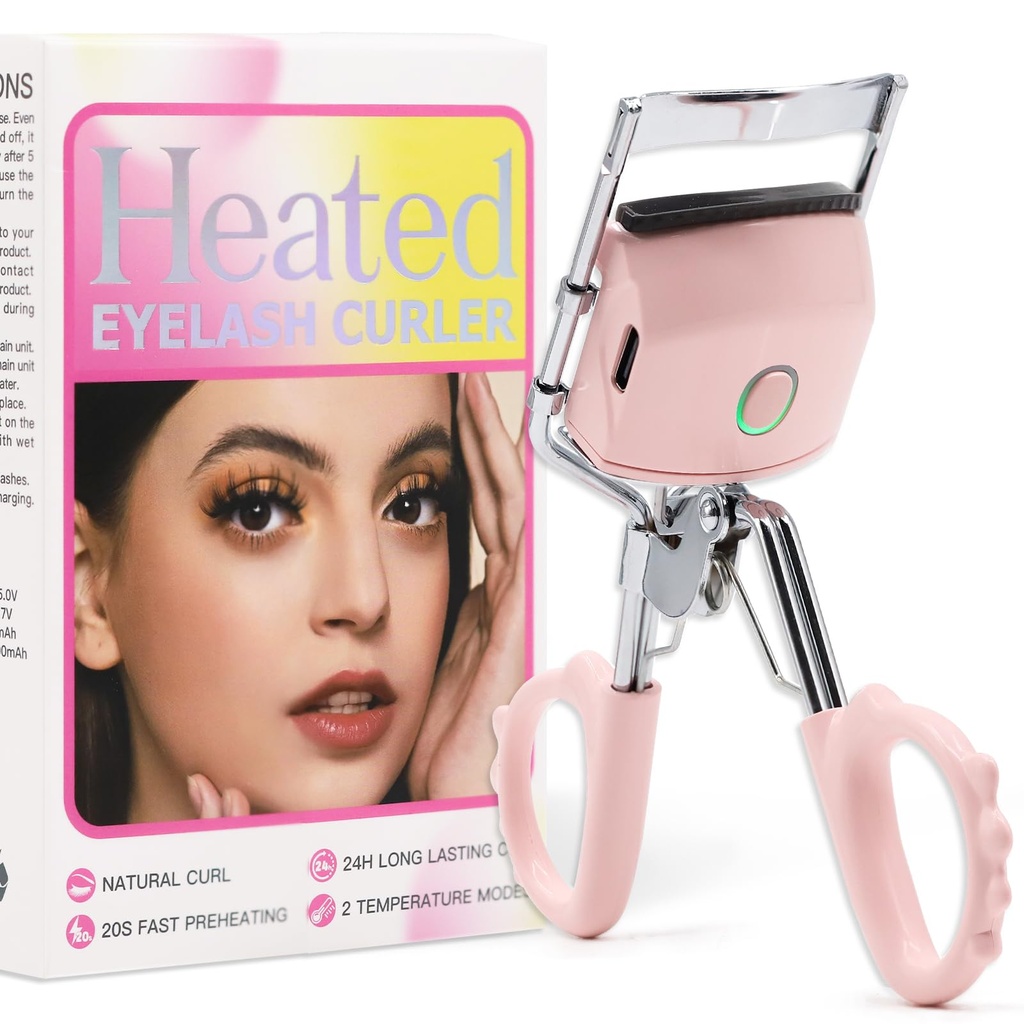 Heated Eyelash Curler, Rapid Heat-up, 24 Hours Long Lasting, USB Rechargeable Electric Heated Lash Curler, 2 Heating Modes with Sensing Heating Silicone Pad (Pink)