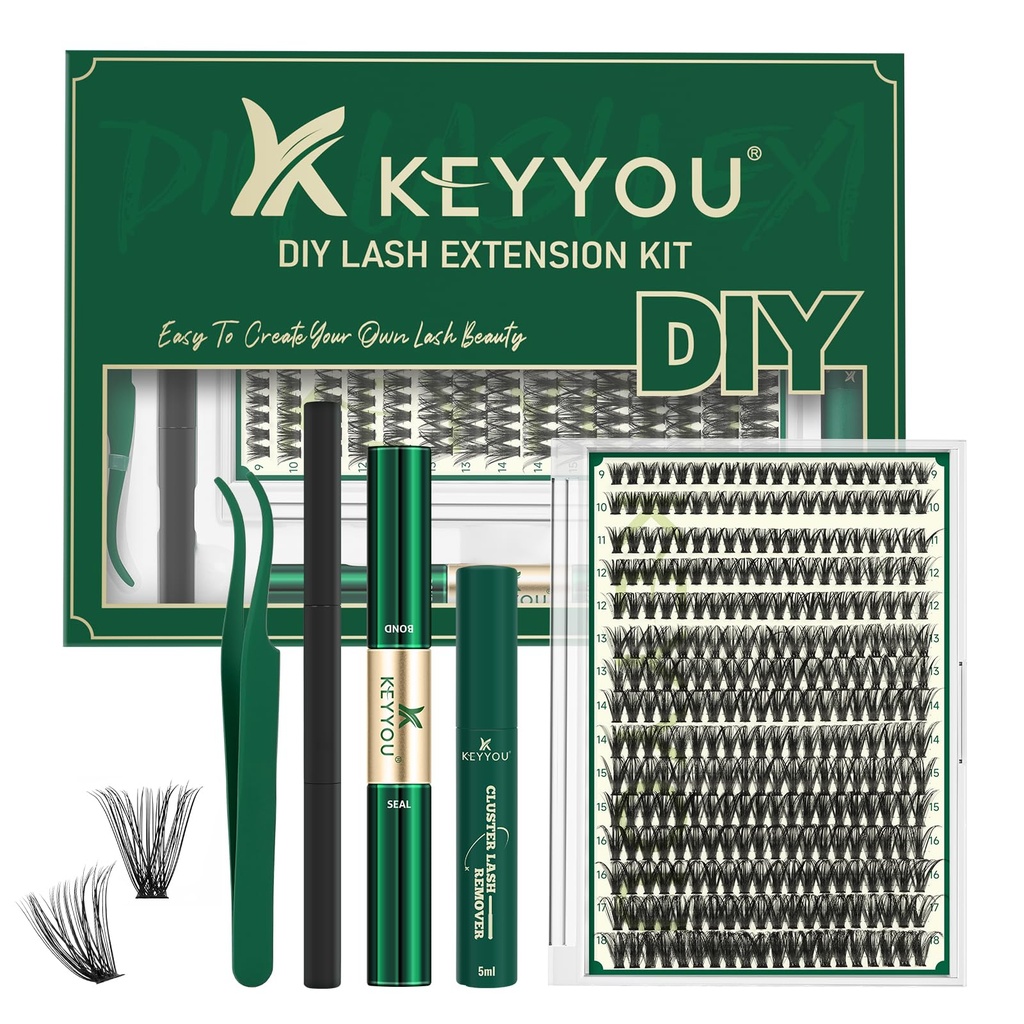 KEYYOU Lash Extension Kit DIY 300Pcs Lash Clusters Eyelash Extension Kit 50D D Curl 9-18MIX Lash Clusters Kit with Lash Glue Remover Applicator Easy to Use for Beginners(Kit,50D-D,9-18MIX)