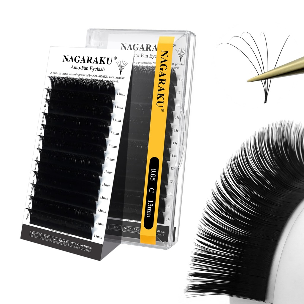 NAGARAKU Easy Fan Eyelash Extensions Volume Lash 0.05 C curl 13mm Rapid Blooming Faux Mink Cluster Easy Fanning Pestañas Soft Natural Lashes Supplies for Beginners & Professional Salon Use