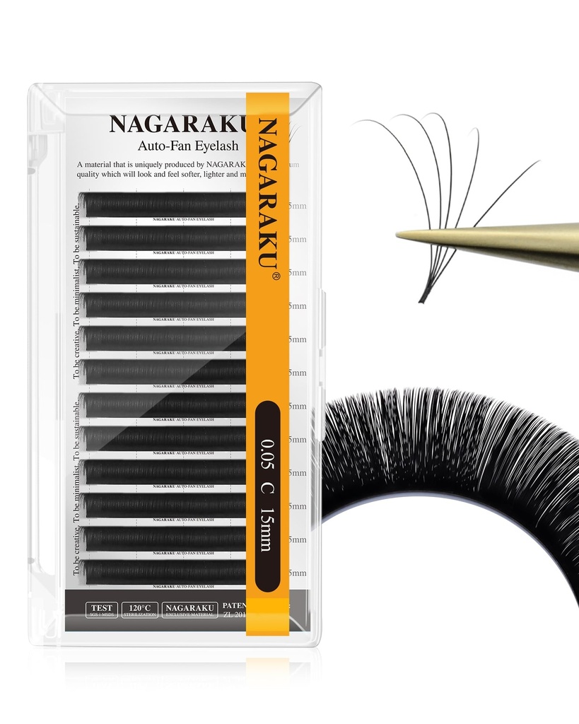 NAGARAKU Easy Fan Eyelash Extensions Volume Lash 0.05 C curl 15mm Rapid Blooming Faux Mink Cluster Easy Fanning Pestañas Soft Natural Lashes Supplies for Beginners & Professional Salon Use